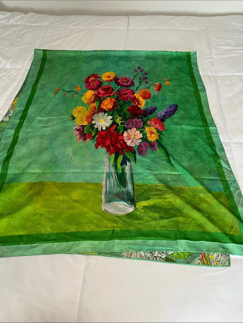 Green Floral Shawl Scarf - Women's Accessory 80% viscosa 20% seta
